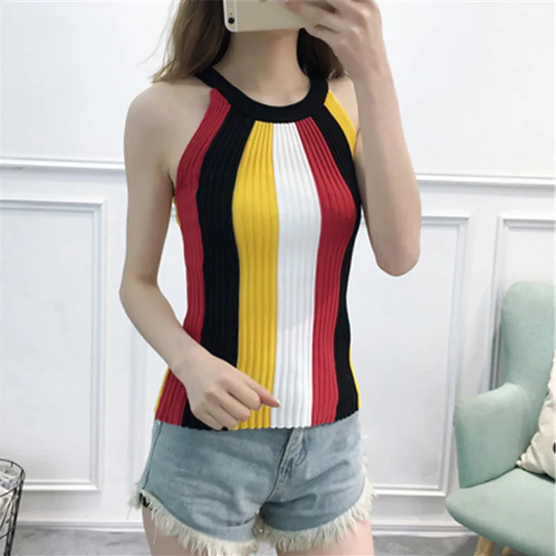 Free Ship Women Knitting Halter Vertical Striped Tank Tops Girls Knitted Camisole Sleeveless Short Tshirt Vest |