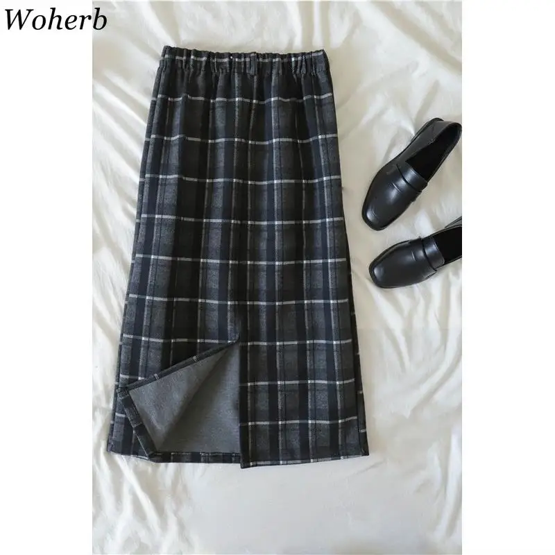 Woherb, винтажная, модная, прямая, клетчатая юбка, для женщин, Осень-зима, высокая талия, толстая, для женщин, с разрезом, юбки, Корейская, элегантная, новинка 91236