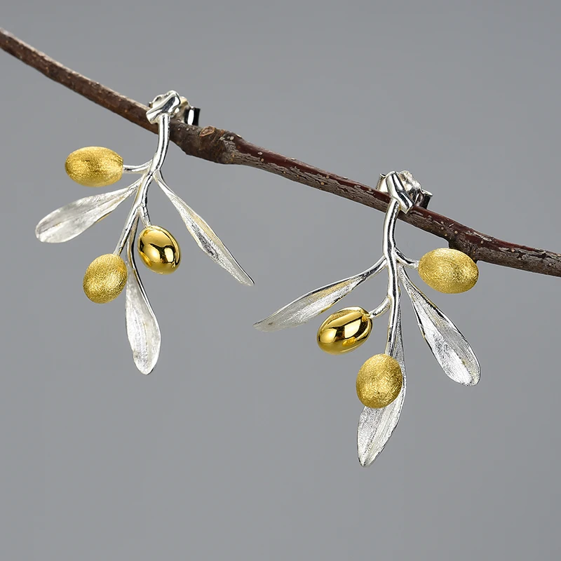 Lotus Fun Olive Leaves Branch Fruits Jewelry Set with Dangle Earring Pendant Necklaces for Women 925 Sterling Silver Jewelry