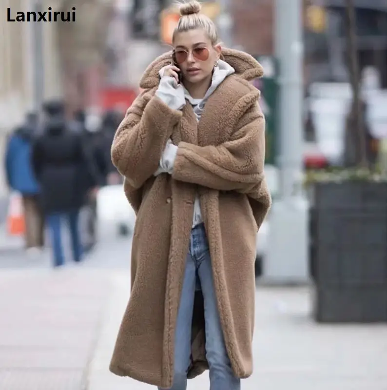 

Lanxirui Fur Wool Blend Warm Streetwear Large Sizes Long Female Casual Outerwear Natural Color Girl Fur Coat Nov14