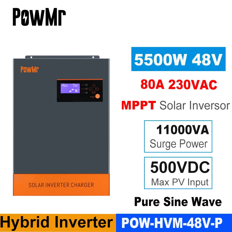 Powmr Hybrid Solar Inverter 5500w Mppt 80a 500vdc Pv Input 220vac 48vdc ...