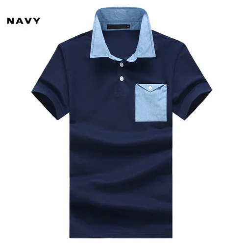 navy blue Мужские рубашки поло с карманами, однотонные, Hommes, новые, деловые, дышащие - Цвет: navy blue