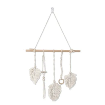 

Hand Knitting Tapestry Hanging Ornament Leaf Wooden Bead Woven Tapestry Cotton Rope Wall Crafts for Home