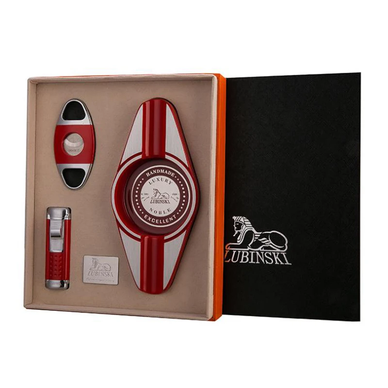

LUBINSKI Zinc Alloy Cigar Ashtray Windproof 4 Jet Flame Cigar Cigarette Lighter W/Sharp Cigar Cutter Box Set For COHIBA