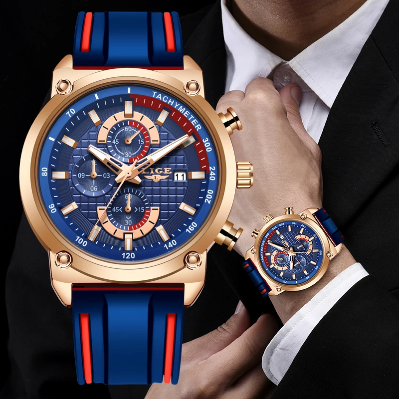 Mens Watches Dial-Clock Chronograph Quartz Waterproof Silicone Top-Brand Luxury LIGE