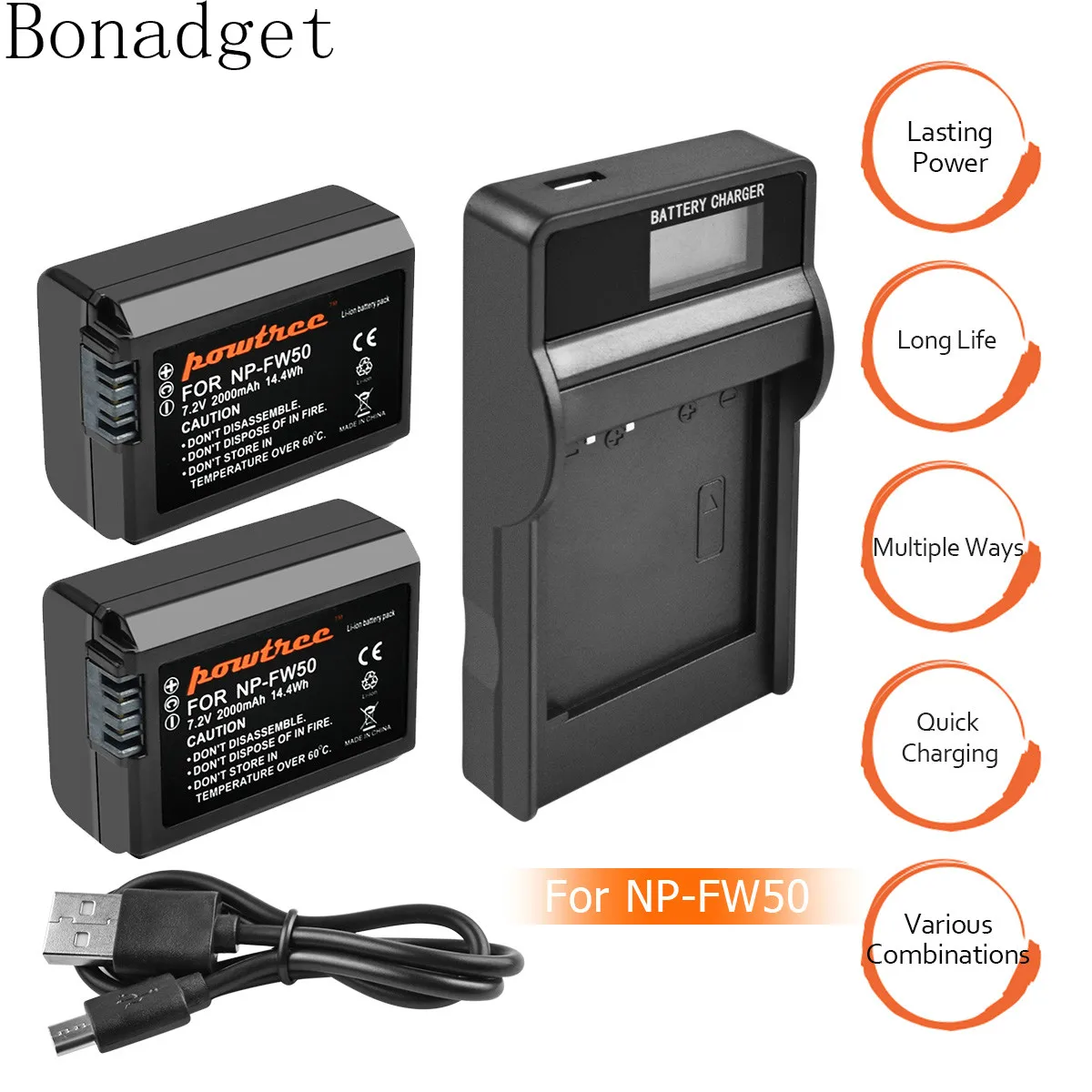 Bonadget 2000 мА/ч, NP-FW50 NP FW50 NPFW50 для sony Камера Батарея для Альфа A3000 A5000 A6000 A6300 A6500 NEX-3 7Rm2 Батарея