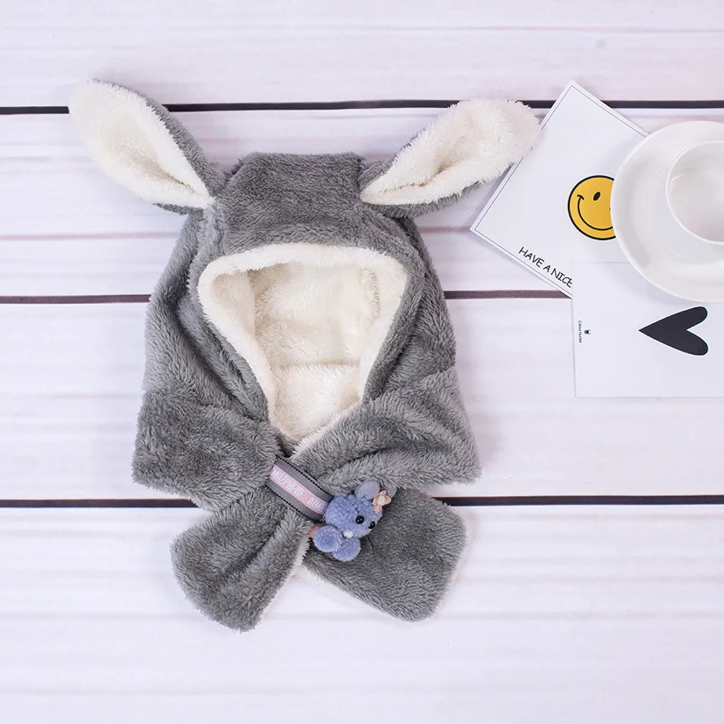rabbit shape hairy ears Bear decoration Thermal Foxes hat kids Baby Hat Knit Hat Scarf Set Children Cartoon Cute Hat#x21024