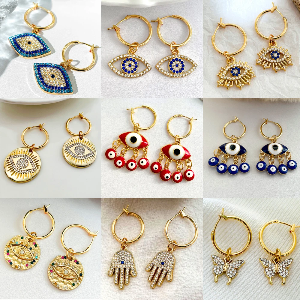 Trend Boho Blue Hollow Evil Eye Hoop Earrings for Women Gold Color Crystal Eyes Circle Huggies Hoop Earring Gifts Jewelry 2022