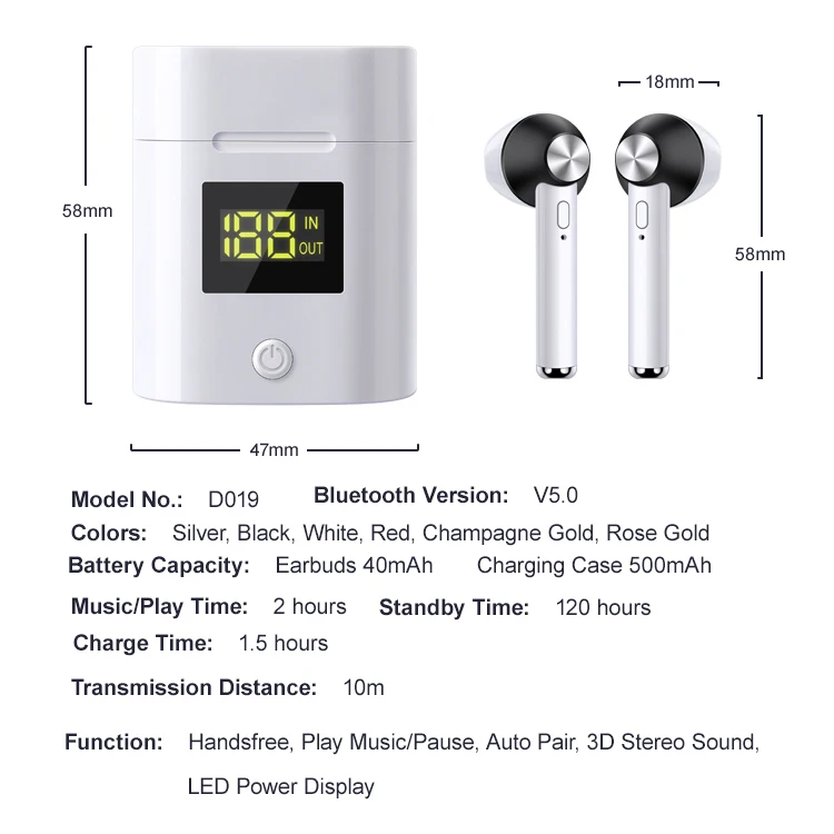 D019 Portable TWS Wireless Bluetooth 5.0 Earphone 3D Stereo Sound Earbud Headset Led Digital Display Charging Case