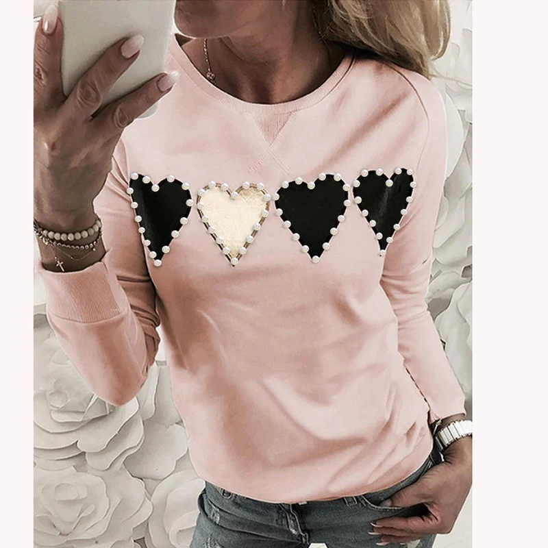 01 Heart Print Pink Женская блуза с узором в виде сердца, Kawaii, Женская Осенняя блуза с блестками и принтом в виде губ, пуловер с длинным рукавом, Женские повседневные топы с круглым вырезом - Цвет: 01 Heart Print Pink