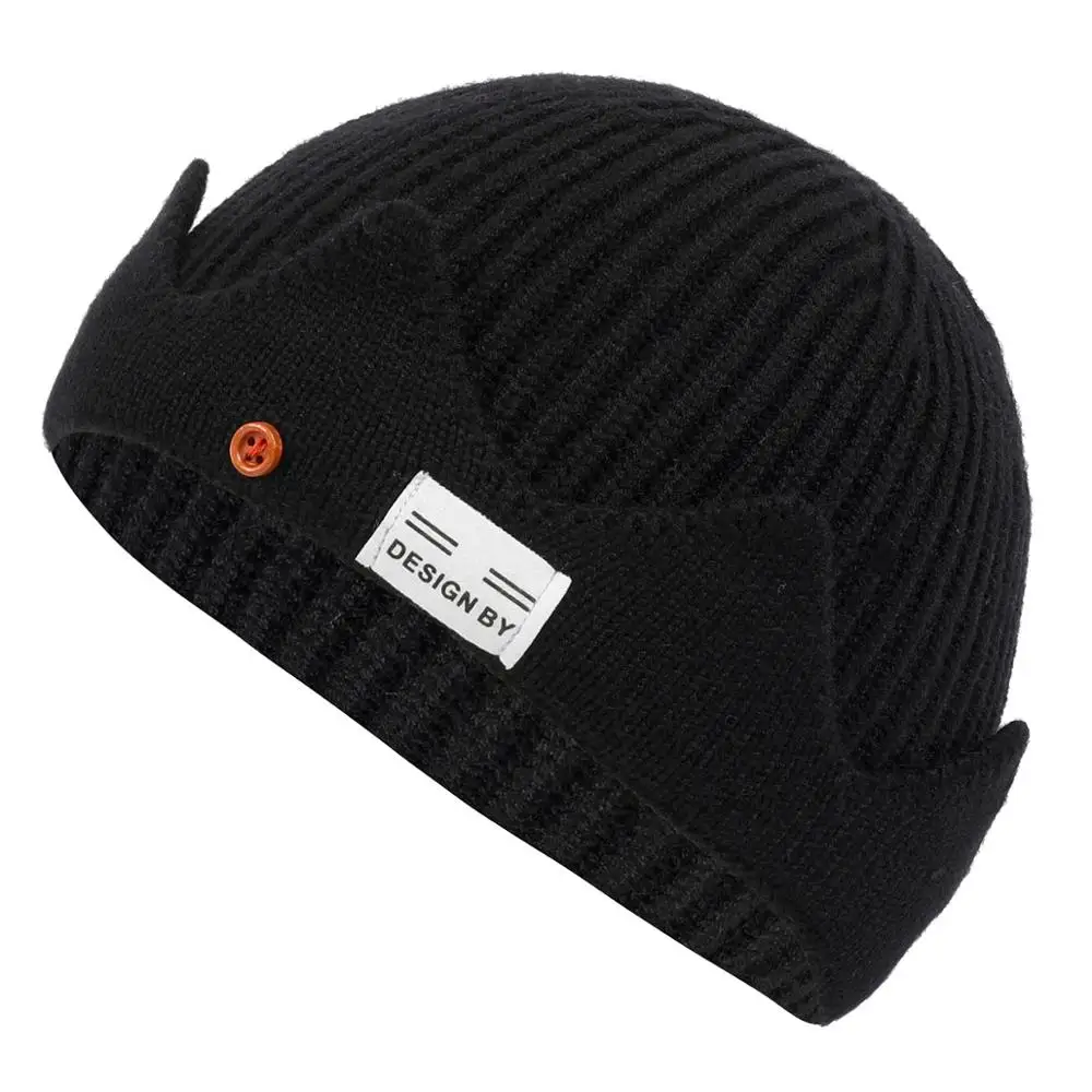 USPOP Новые вязаные мужские шапки skullies тканевые этикетки шапочки мужские зимние теплые шапки унисекс вязаная шапка с короной - Цвет: Черный