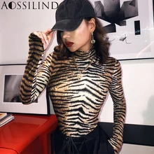 AOSSILIND Autumn Tiger Print Turtleneck Long Sleeve Bodysuit Women 2019 Winter Leopard Bodycon Club Bodysuits
