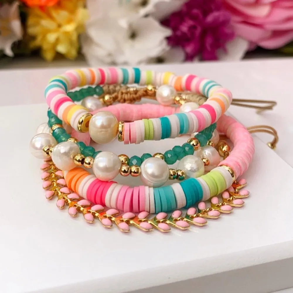 KKBEAD Pink Heishi Beaded Bracelets Bridesmaid Gift Natural Pearl Pulseras Mujer Moda 2022 Women Polymer Clay Bracelet Jewelry
