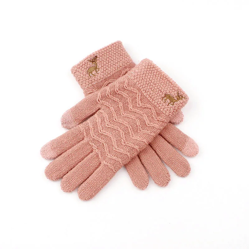 Pink Зимние женские перчатки с оленями, черные однотонные варежки, теплые вязаные перчатки для вождения, женские перчатки Luvas De Inverno - Цвет: Pink