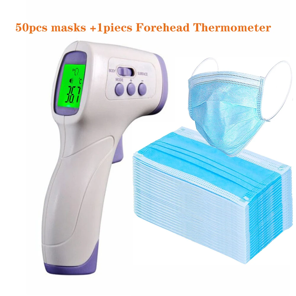 

50 pcs Face Mouth antivirus masks + Smart Forehead Infrared Digital Thermometer Fast Termometro Baby Kid Baby Body Temperature