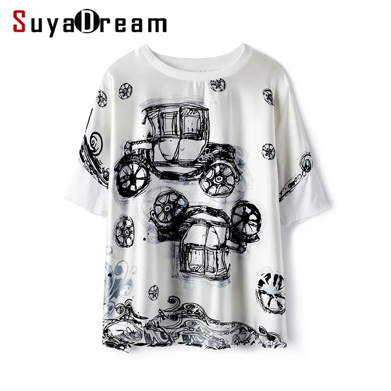 

Women T Shirt 100% REAL SILK Satin Fashion Print Short Sleeved and Loose Shirt 2019 Fall Winter Black T shirt for Women