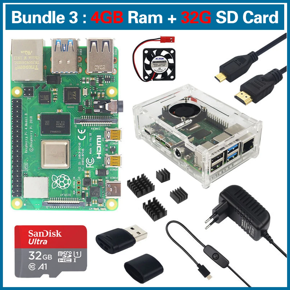 S Робот Raspberry Pi 4 модели B 1/2/4GB Оперативная память комплект | коробка& Чехол | вентилятор | теплоотвод | Мощность адаптер | 64 Гб/32 Гб SD карты | RPI2 - Цвет: Bundle 3