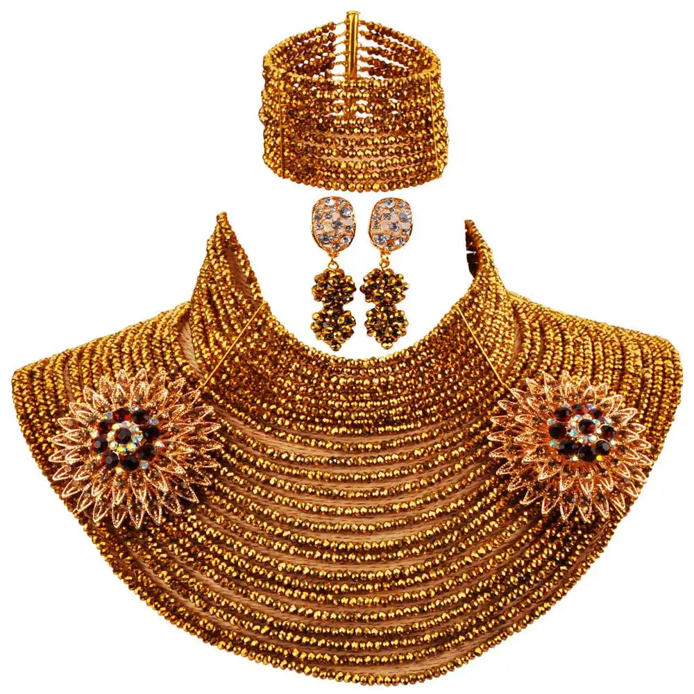 

Модный позолоченный хрустальный бисер 25 чокер с несколькими слоями Ожерелье Африканские бусы нигерийский Свадебный комплект ювелирных изделий