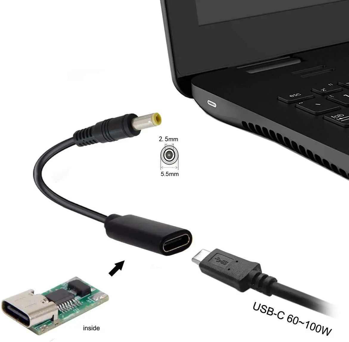 Charging Cable USB Charging Cable Type C USB-C Female Input to DC 5.5*2.5mm male Power PD Charge Cable fit for Laptop 18-20V (5.5x2.5mm)