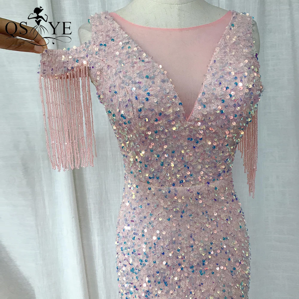 Sparkle Pink Evening Dresses Beading Side Sleeves Sequin Prom Gown Fit Glitter Party Dress Mermaid V Neck Women Formal Gown 2021 white evening dresses