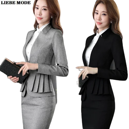 Женский деловой костюм двойка офисный пиджак с оборкой и юбка черный серый