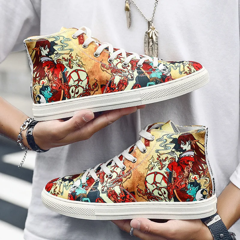 

Fashion Colorful Mens Canvas Shoes High Top Comfort Cartoon Print Casual Shoe Cool kpop Mens Vulcanize Shoes Brand Bambas Hombre