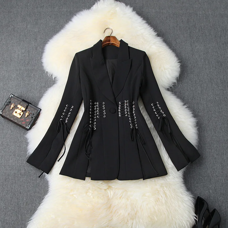 

Black Blazer Women 2019 Autumn And Winter New Notched Collar Split Flare Long Sleeves Slim Bandage Elegant Jacket Female S-XL