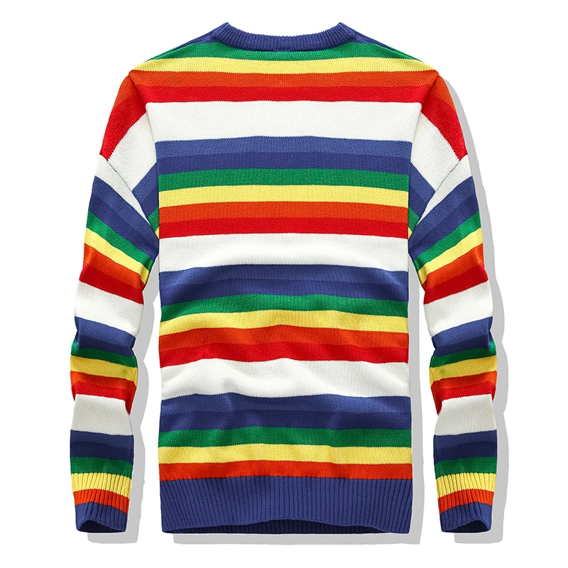 Свитер с круглым вырезом, вязаный, Радужный, полосатый, Мужской пуловер, хлопок, длинный рукав, теплое нижнее белье,, осенняя мода для мужчин, свитер