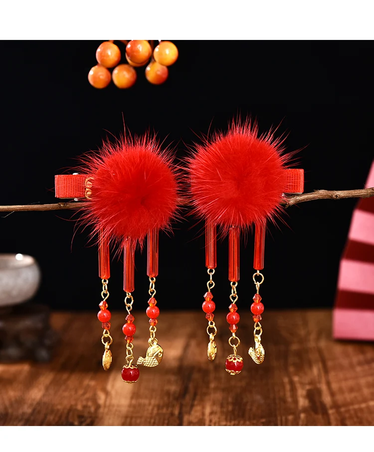 2 Pcs/Set Children Cute Pearl Hair Ball Bow Pendant Ornament Hair Clips Girls Lovely New Year Hairpin Kids Hair Accessories