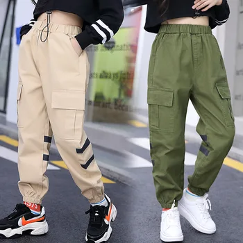 

Spring Fall Pants for Kids Girls Cargo Trousers Pocket Loose Sport Pants High Waist Elastic Teen Children Casual Running Pants
