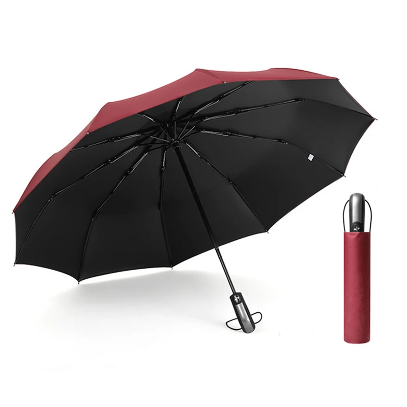 Wine Red Автоматический складной зонт от дождя, 3 цвета, женский, 10 к, мужской большой зонт с черным покрытием, устойчивый к ветру, рождественский подарок - Цвет: Wine Red