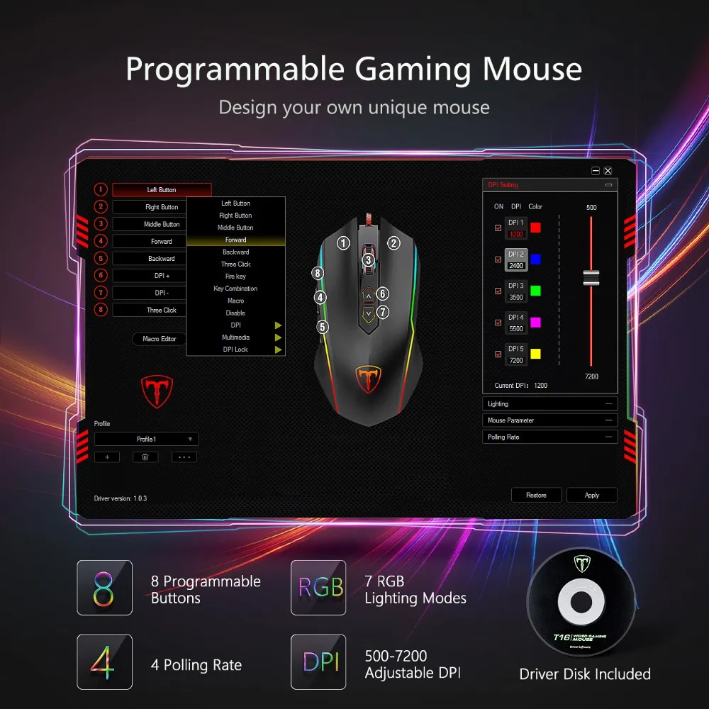 Wired RGB Gaming Mouse 8 Programmable Buttons 7200 DPI Adjustable Ergonomic Mouse With Fire Button