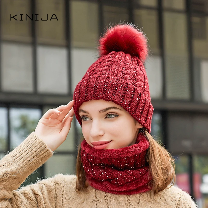 

Winter new women wool ball hat European American fashion Plush warm twist knitted hat thicken hat scarf set girl Skull Beanies