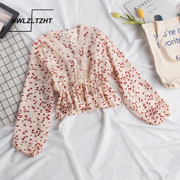 

HWLZLTZHT Spring Summer 2020 Women Tops Sweet Girl V-Neck Puff Sleeve Sashes Blusa Korean Heart Print Slim Waist Blouse