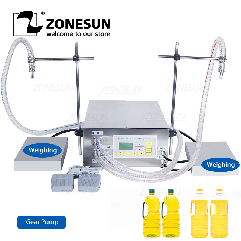 ZONESUN-máquina de llenado de pesaje semiautomático, ZS-GP632, boquillas dobles, lubricante, aceite esencial comestible, bomba de engranajes, relleno de aceite