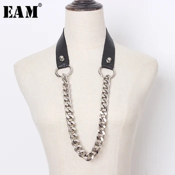 

[EAM] Pu Leather Metal Chain Split Joint Accessories Belt Personality Women New Fashion Tide All-match Spring 2020 1T38