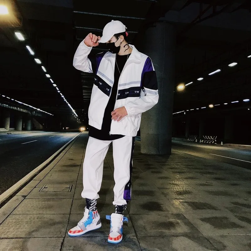 Весенне-осенний Hombre Harajuku спортивный костюм на молнии куртка+ брюки с карманами мужские наборы Молодежная Модная стильная спортивная одежда