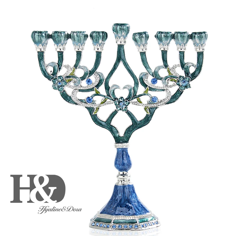 H&D, ручная роспись, эмалированный канделябр Menorah, украшенный синими кристаллами, иудаизм, подсвечники Chanukah, 9 веток канделябры