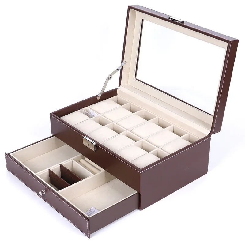 

12 Grids Slots Professional Watches Storage Box Double Layers PU Leather Watch Case Organizer Box Holder Black Brown Colors