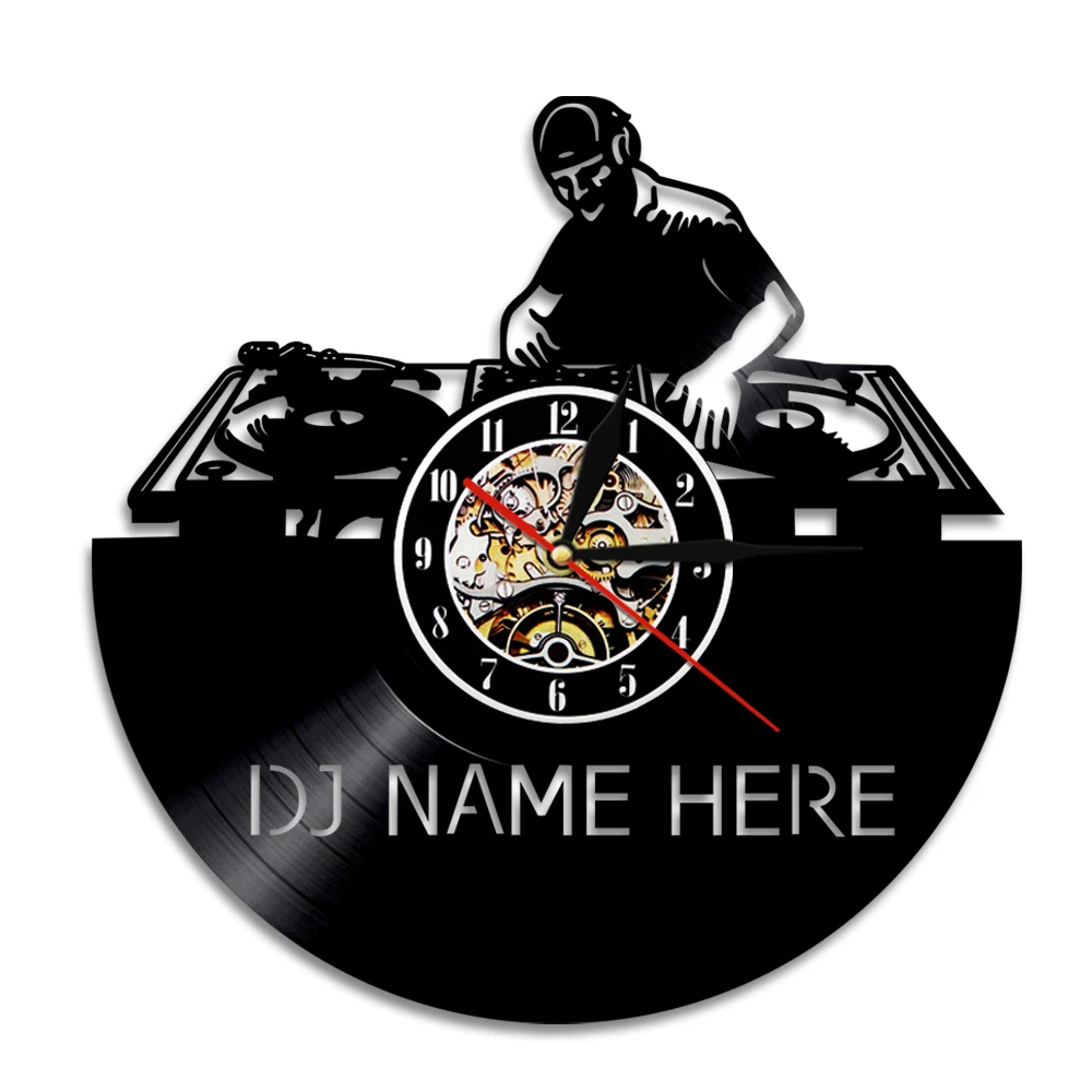Пользовательские DJ название силуэт значок ди-Джея с резным узором часы в виде