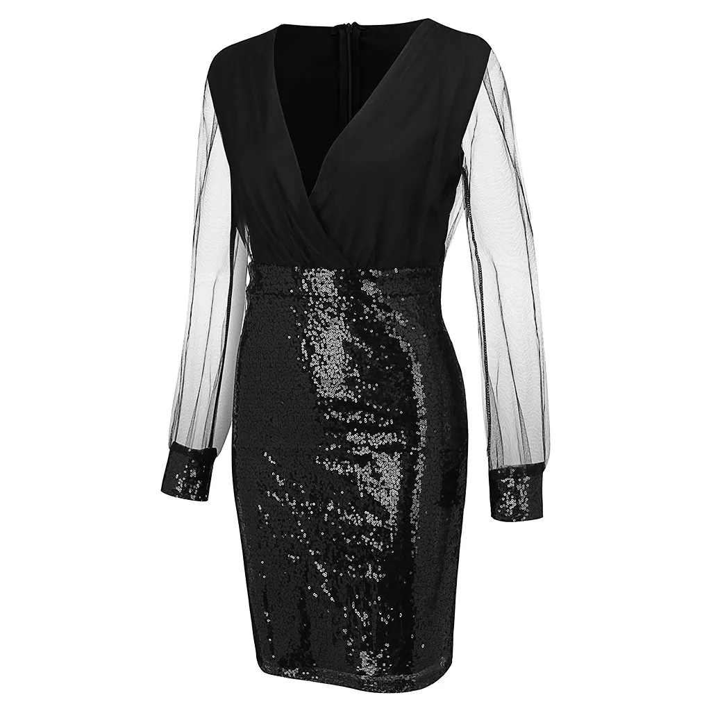 Женское платье, ropa mujer, платье размера плюс, модное женское платье с v-образным вырезом, сетчатый рукав, расшитое блестками, лоскутное, повседневное, элегантное, вечернее платье