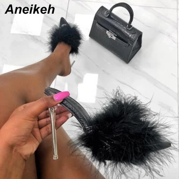 

Aneikeh Summer Black Furry Sandals Women Thin High Heels Party Dress Shoes Crystal Heel Transparent Slingbacks Pumps Size 35-41