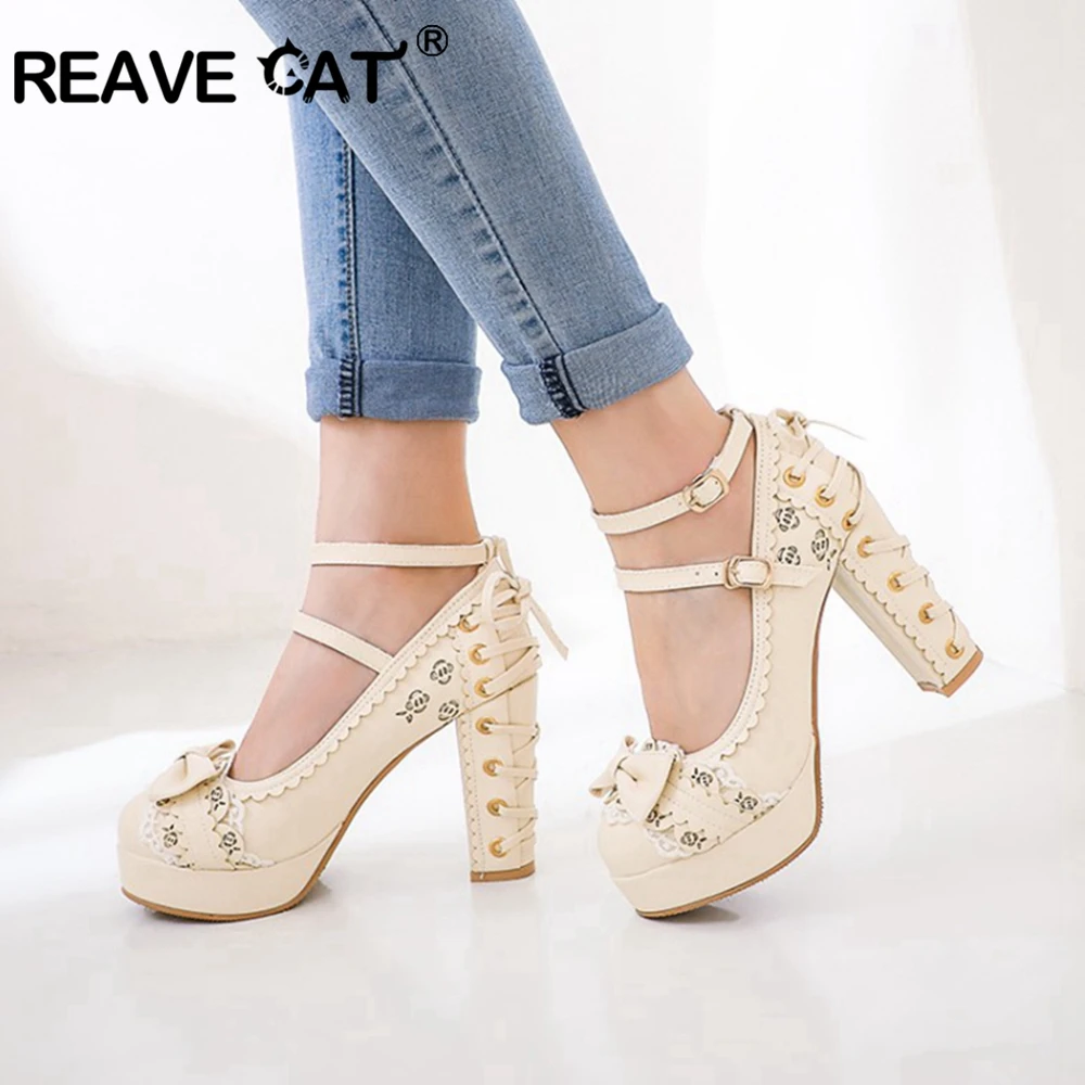 US $19.98 Reave Cat Summer 2020 Ladies 25 Platform Cute Bow Lace Princess Mary Jane Lolita Shoes Party 10cm High Heel Buckle Big Size 43