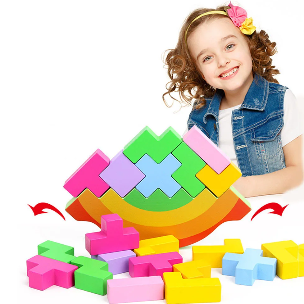 Деревянные радужные 3D Деревянные Пазлы настольные Игрушки Tangram головоломка Пазлы для детей тетрис Игры развивающие игрушки для малышей