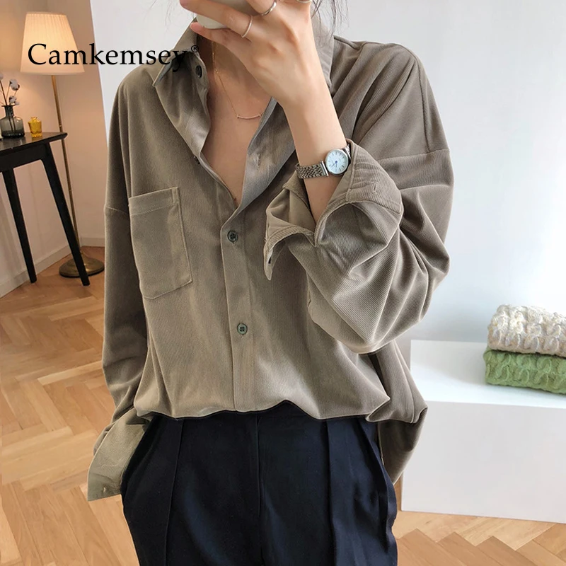 CamKemsey новые корейские женские блузки рубашки весна осень с длинным рукавом винтажные вельветовые Блузки офисные женские повседневные Рабочие Рубашки