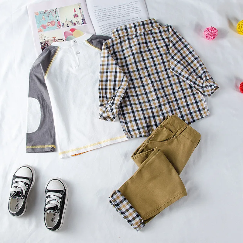 Kinder Jungen Kleidung Kinder Plaid Mantel T-Shirt Hose 3 stücke Baby Anzüge Kleinkind Junge Kleidung Frühling Herbst Oberbekleidung Kostüm bc1034