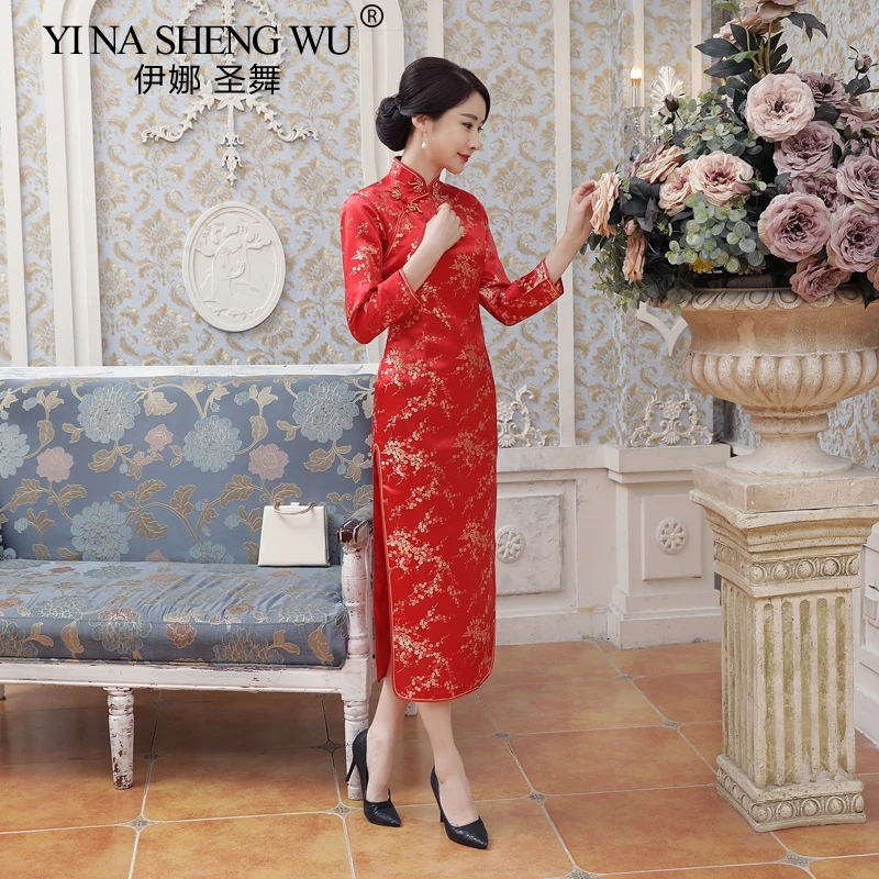 Китайский традиционный свадебный Ципао платье Кружева Cheongsam длинное женское элегантное тонкое платье длинное парча сатин Qipao свадебное платье красный