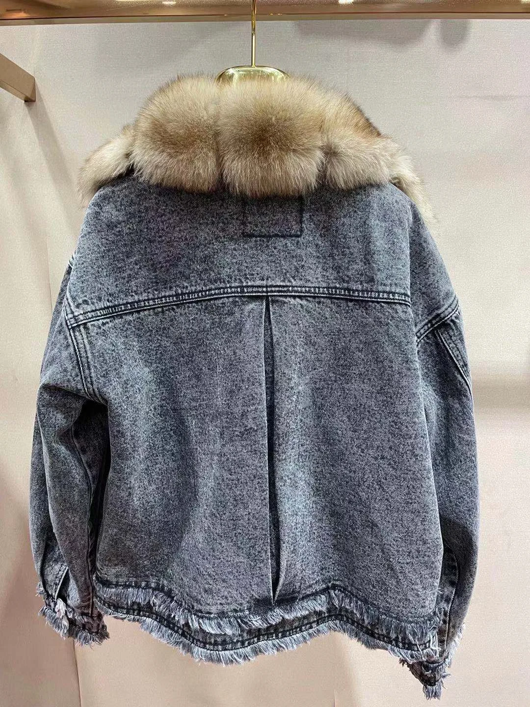 Denim Coat with Real Large Fox Fur Collar for Women, Furry Jacket, Fluffy Suit, Luxurious Brown and Yellow Coat, Winter Fashion