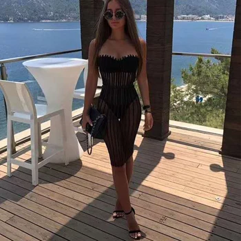 

Fashion Sexy Dress For Women Strapless Sleeve Black Knee Length Hook Bodycon Dress Robe Ete Femme 2020