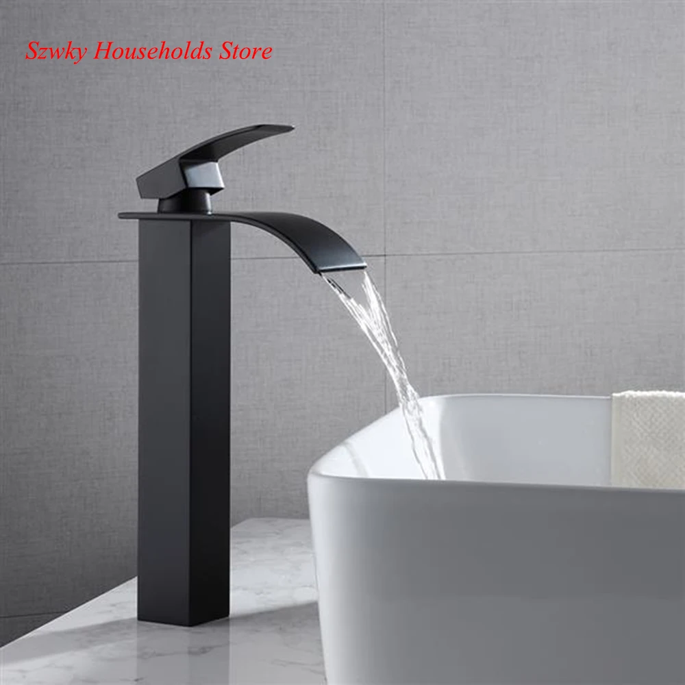 

Single Hole Single Handle Hot And Cold Single Control Bathroom Basin Waterfall Faucet-Black Curved Mouth (High)